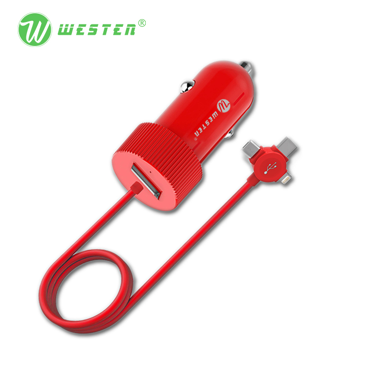 WTQY-07 Universal Hot 12V Car Charger with 3in1 Cable for All Cellphones