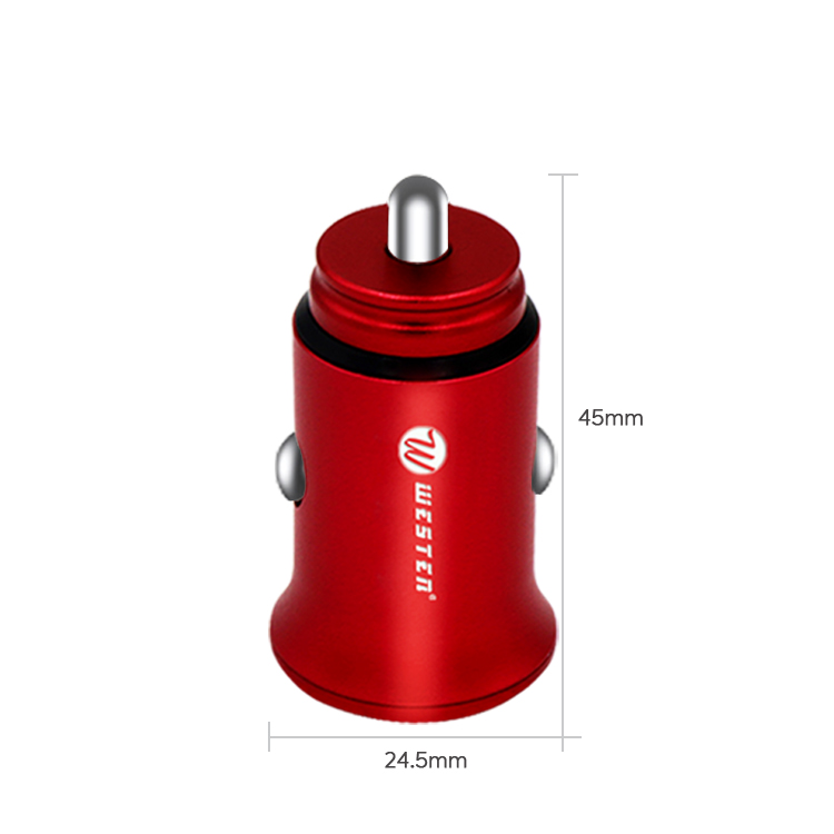 WTCC-04 2 Ports Chinese Red Mini Car Charger, Short and Small Steel Usb Car Char